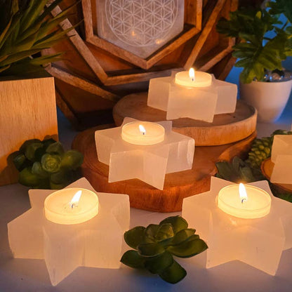 Selenite Crystal Six-Pointed Star Tealight Candle Holder – Radiate Calming Light & Positive Energy