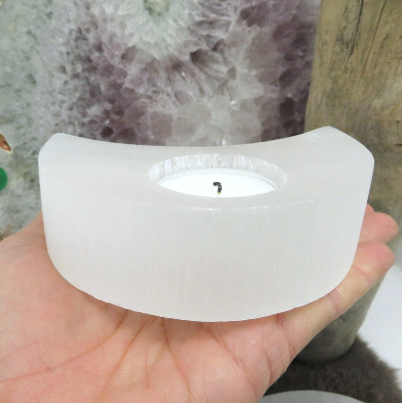 Selenite Moon Shaped Crystal Candle Holder - Natural Decorative Stone with Unique Variations