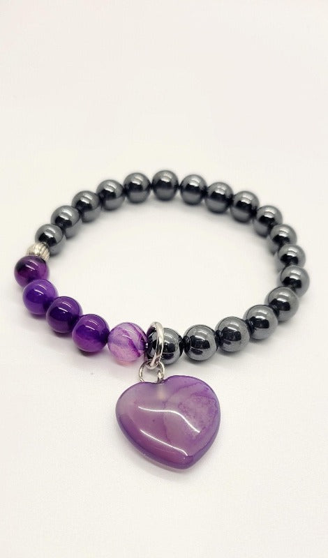 Hematite Amathyst Heart Bracelet - Pure Body Bliss