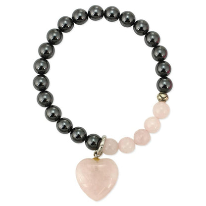 Rose Quartz/Hematite Bead Heart Bracelet - Pure Body Bliss