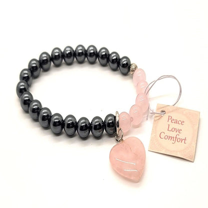 Rose Quartz/Hematite Bead Heart Bracelet - Pure Body Bliss